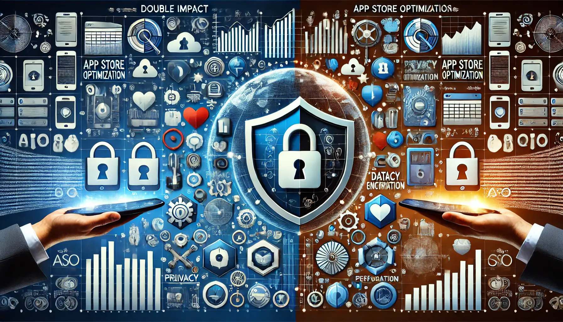 Abstract representation of privacy changes affecting App Store Optimization, with privacy shields, data encryption, and restricted data flow.