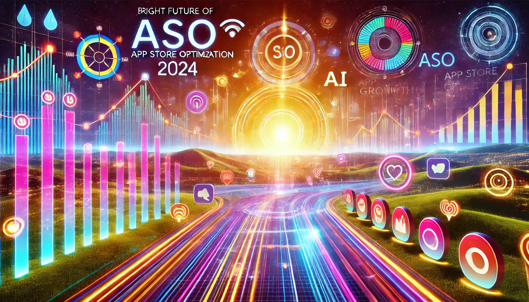 Futuristic representation of a bright future for ASO in 2024 with app icons, rising charts, and data-driven growth indicators.