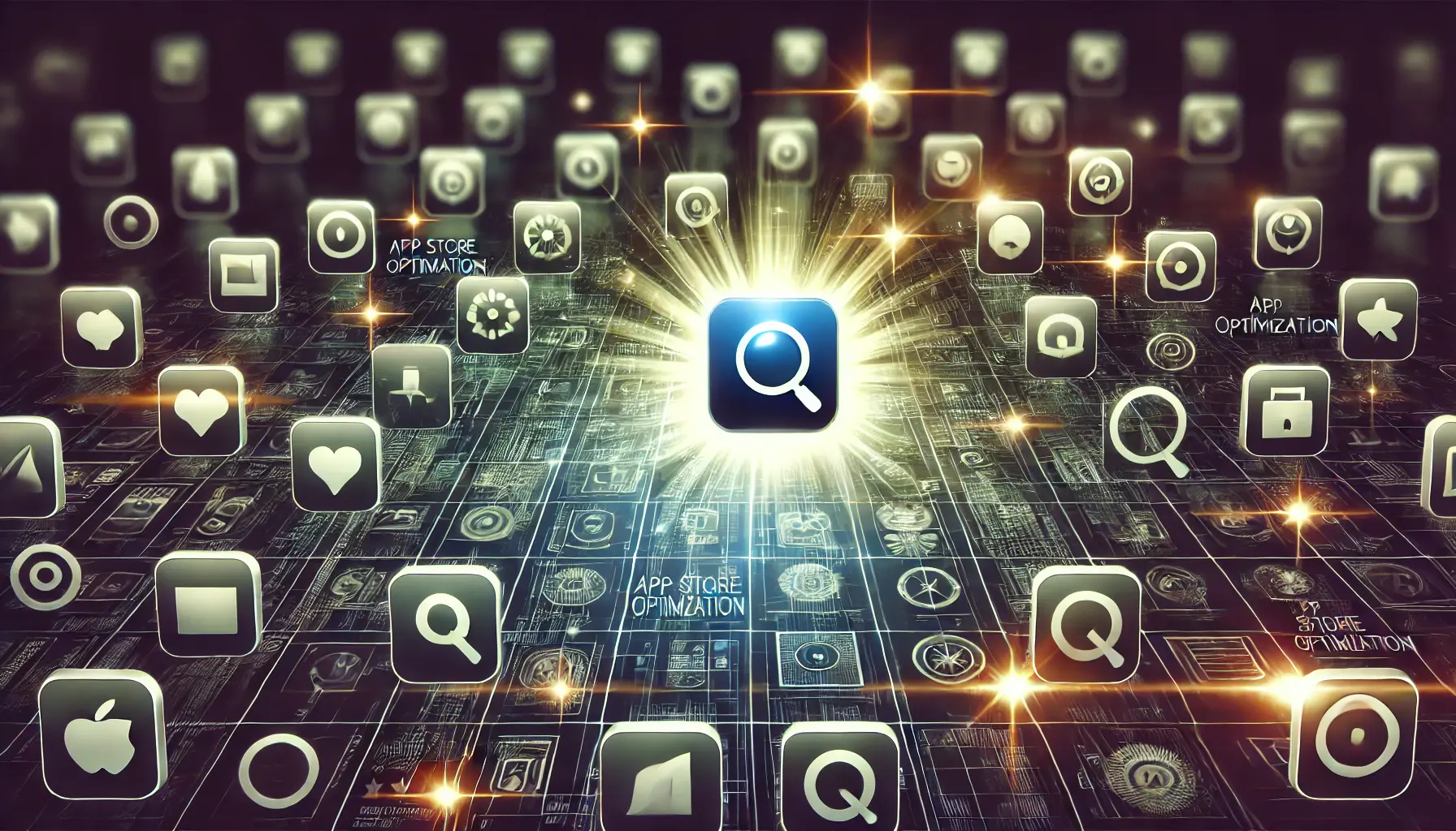 Abstract visualization of an app icon glowing brightly, standing out from dimmed app icons in a grid, symbolizing increased app visibility through ASO.