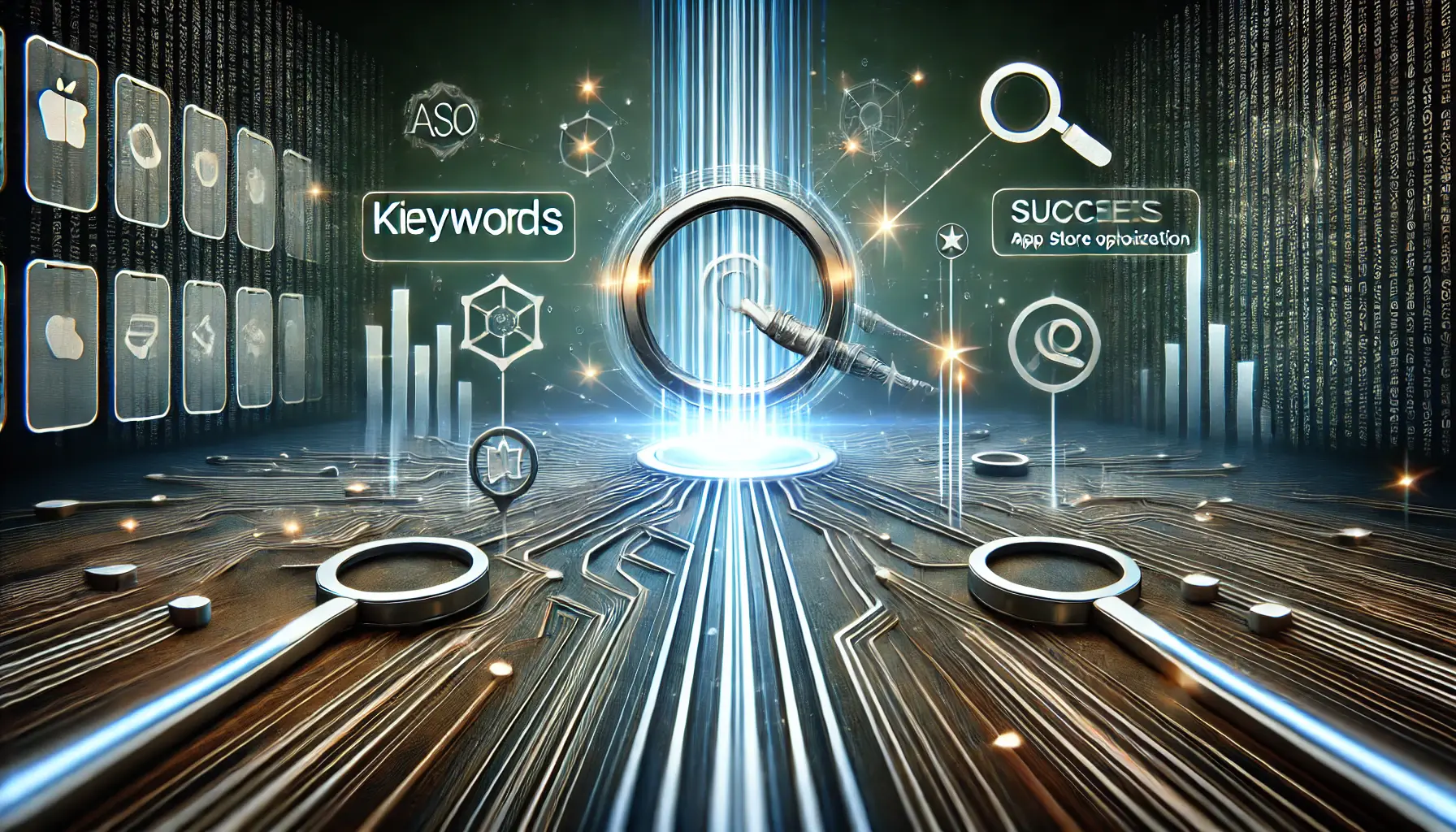 Conceptual image depicting search bars connected by lines flowing towards a central glowing app icon, representing the role of keywords in ASO success.