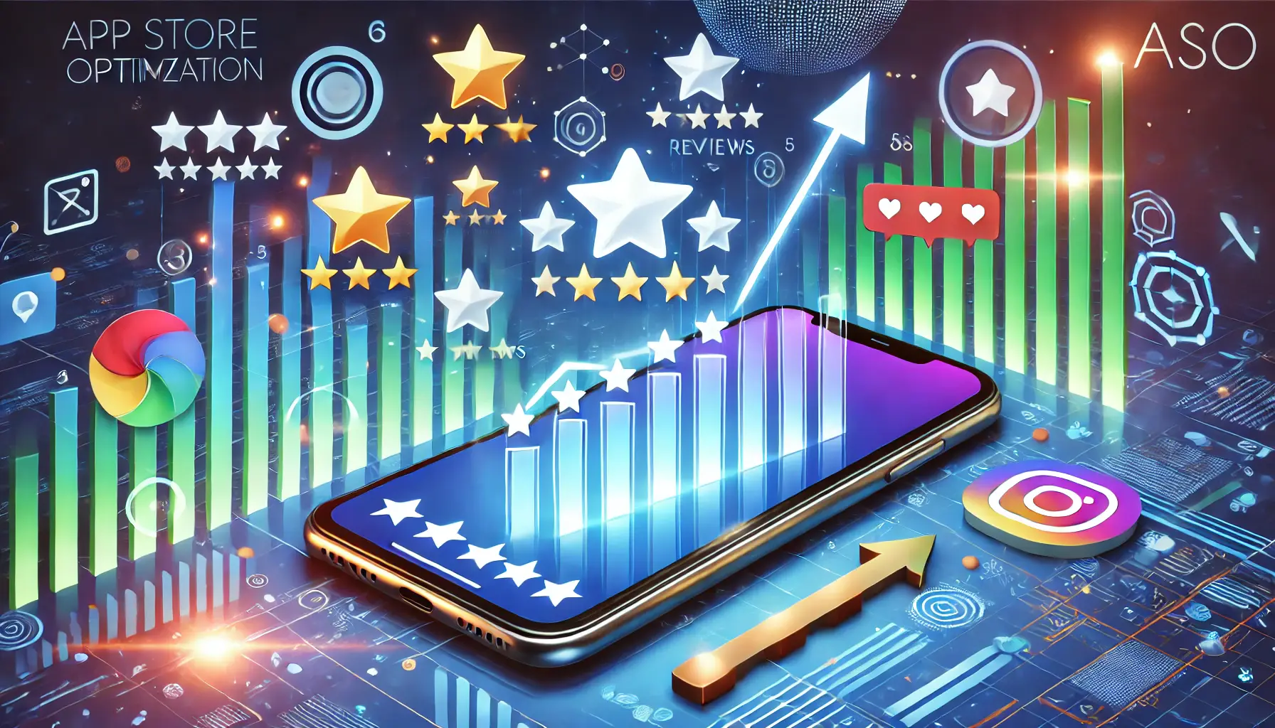 A digital illustration of a smartphone surrounded by star ratings and review bubbles, with upward trending graphs symbolizing the positive impact of reviews on app performance.