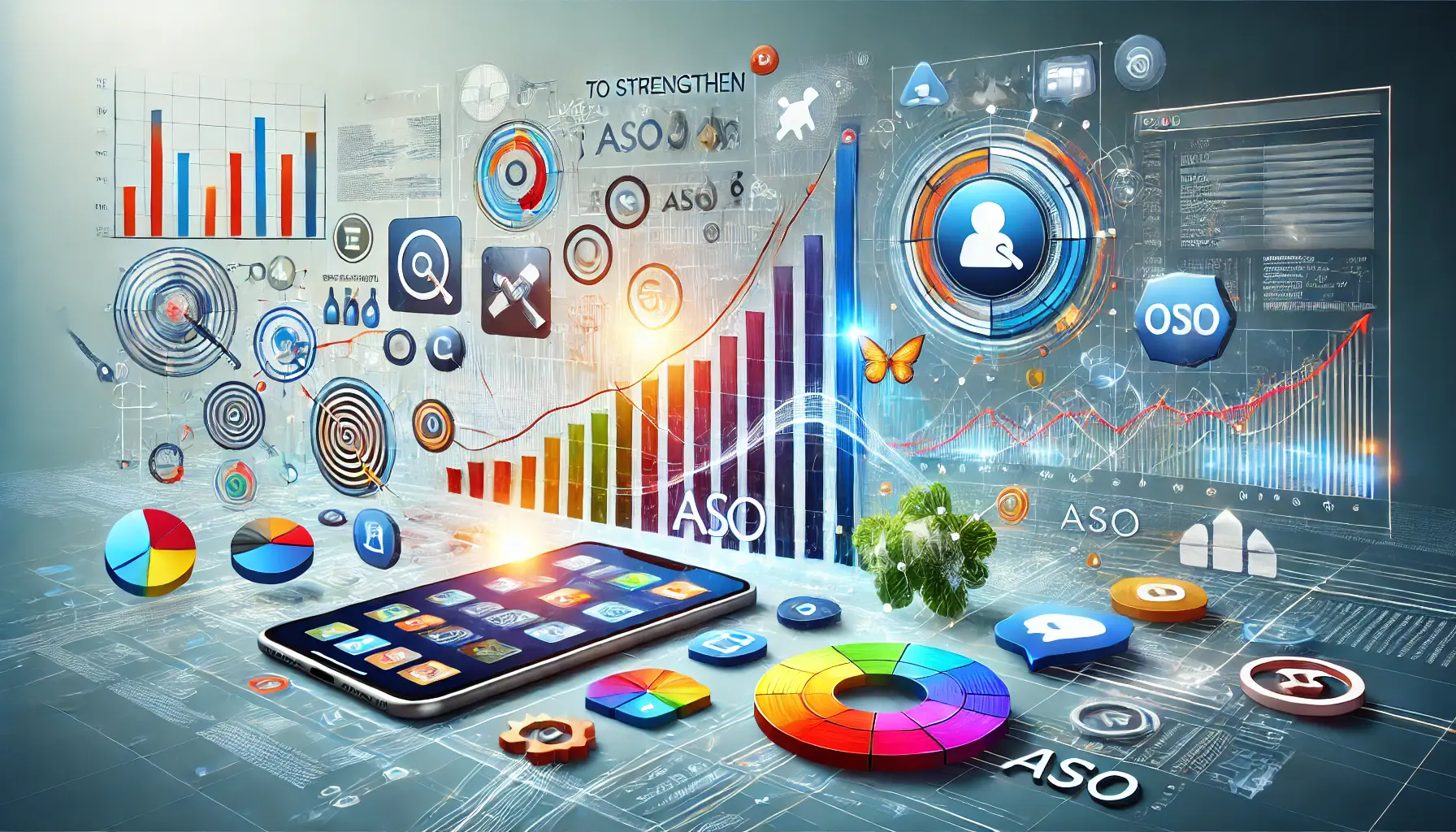 Abstract representation of using data to optimize an ASO strategy, with visuals of data streams, charts, and app icons being analyzed.