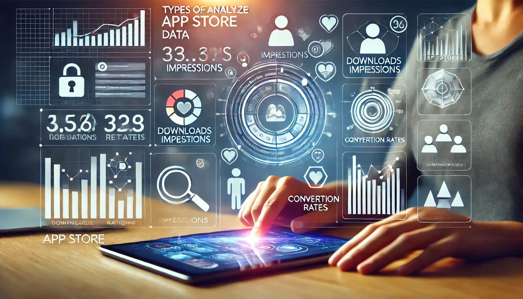 Conceptual image depicting a digital interface with key app store data metrics such as downloads, impressions, conversion rates, and retention rates, represented by graphs and charts.