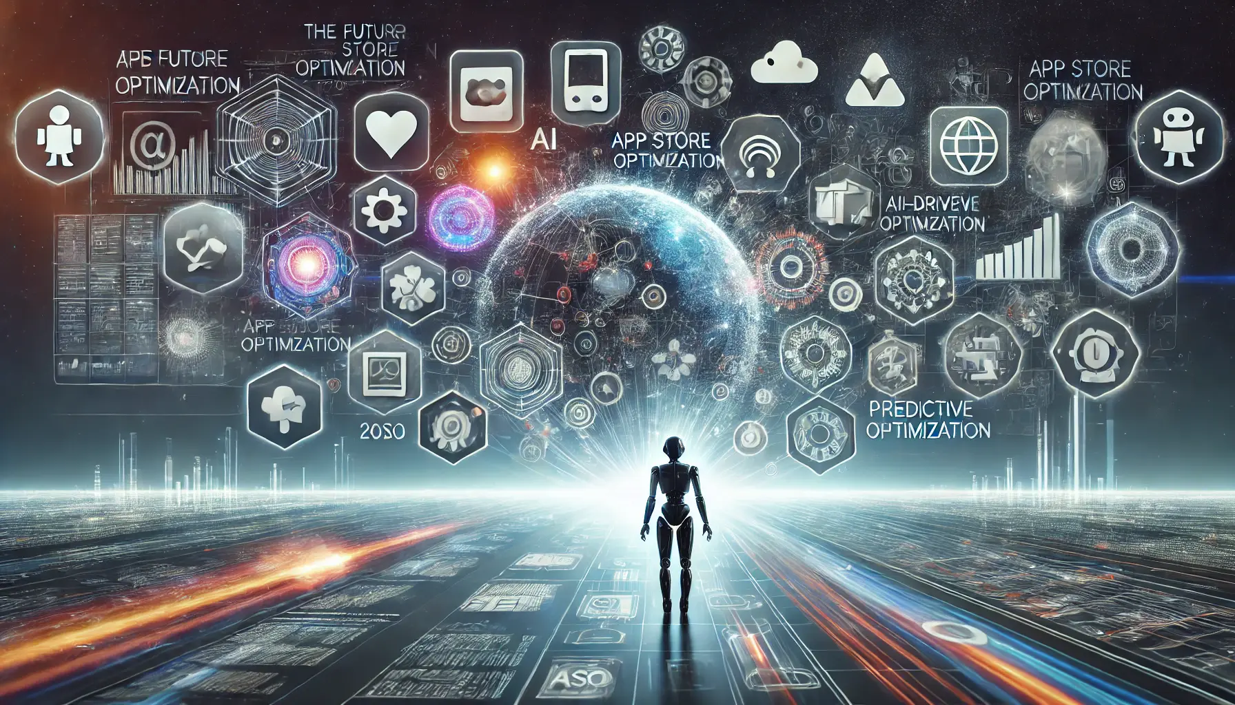 Futuristic representation of the evolution of ASO in 2024 and beyond, featuring AI-driven optimization, app icons, and advanced digital interfaces.