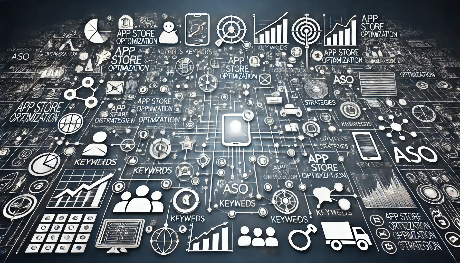 Conceptual image showing interconnected app icons, keywords, charts, and graphs, symbolizing the summary of key App Store Optimization (ASO) strategies covered in the article.