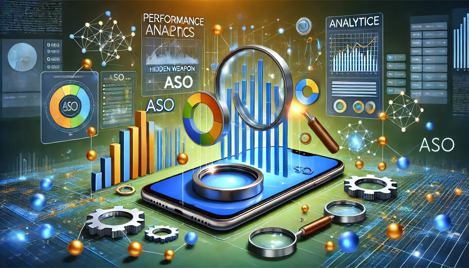 A digital illustration of a smartphone displaying performance analytics like graphs and charts, surrounded by magnifying glasses and gear symbols, representing in-depth analysis for ASO success.