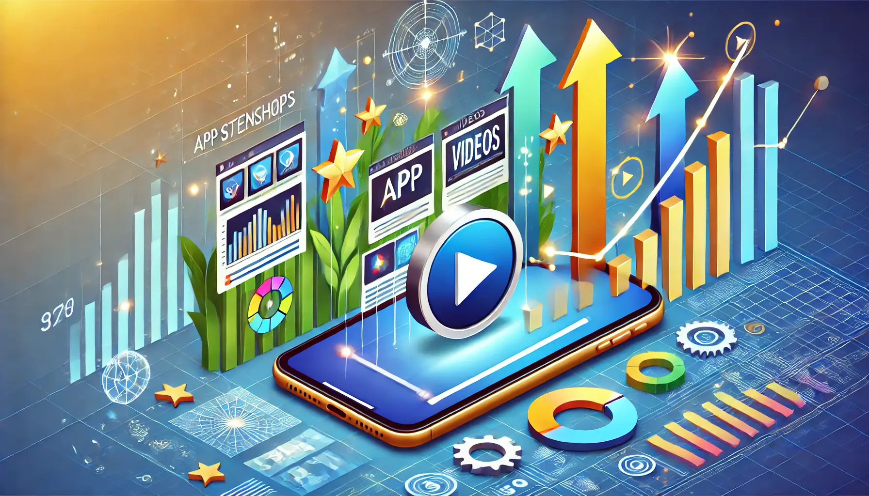 A digital illustration of a smartphone displaying app screenshots and a play button, symbolizing the role of videos, with arrows and stars representing improved app performance and conversions.