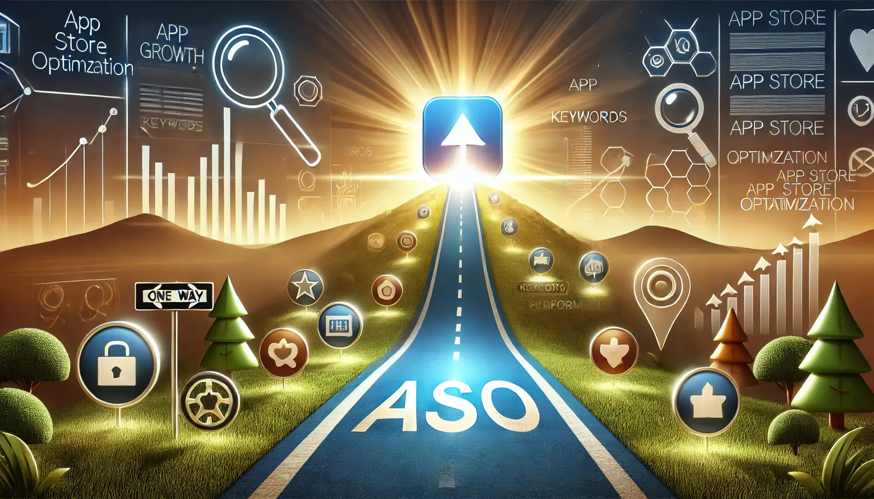 Conceptual image showing a pathway leading towards a glowing app icon on the horizon, symbolizing the start of the ASO journey.