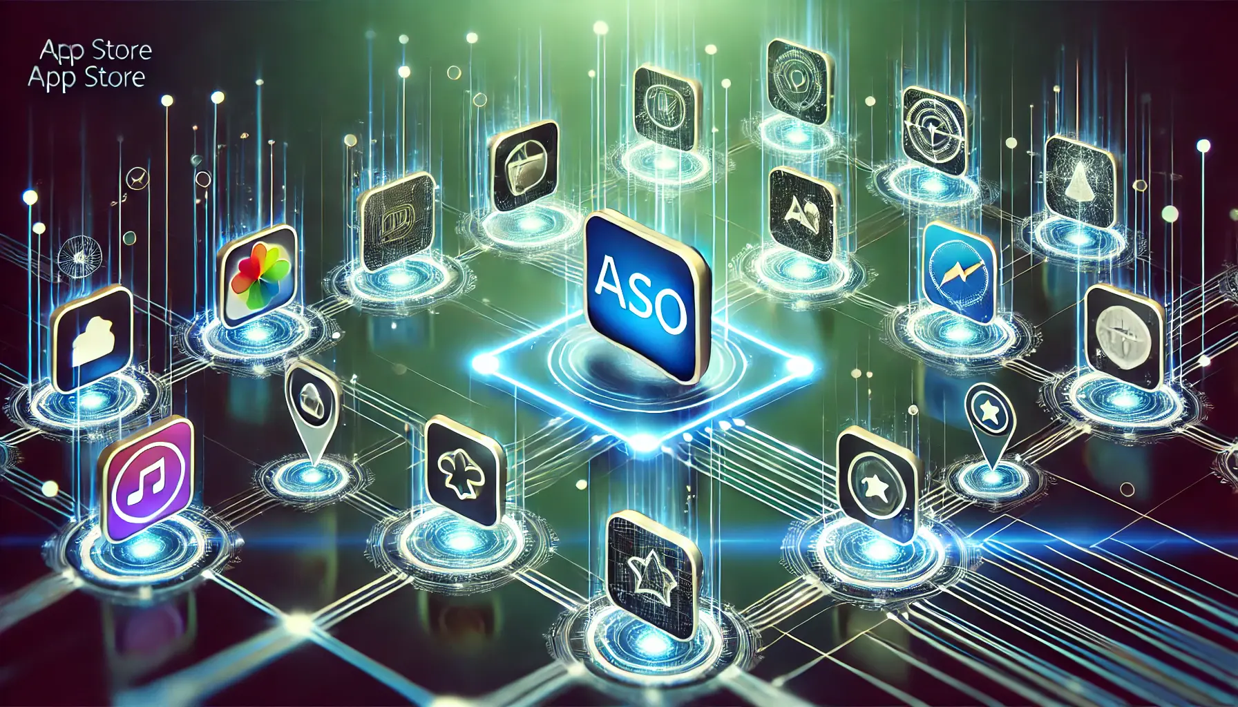 Abstract image representing the alignment of ASO efforts with App Store features, showing app icons aligning with digital pathways.