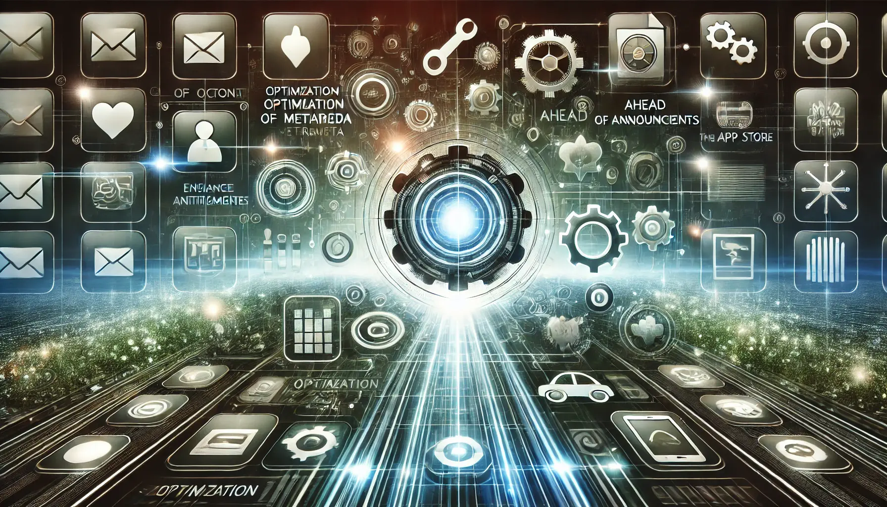 Abstract image representing the optimization of metadata ahead of key announcements with app icons and digital gears.