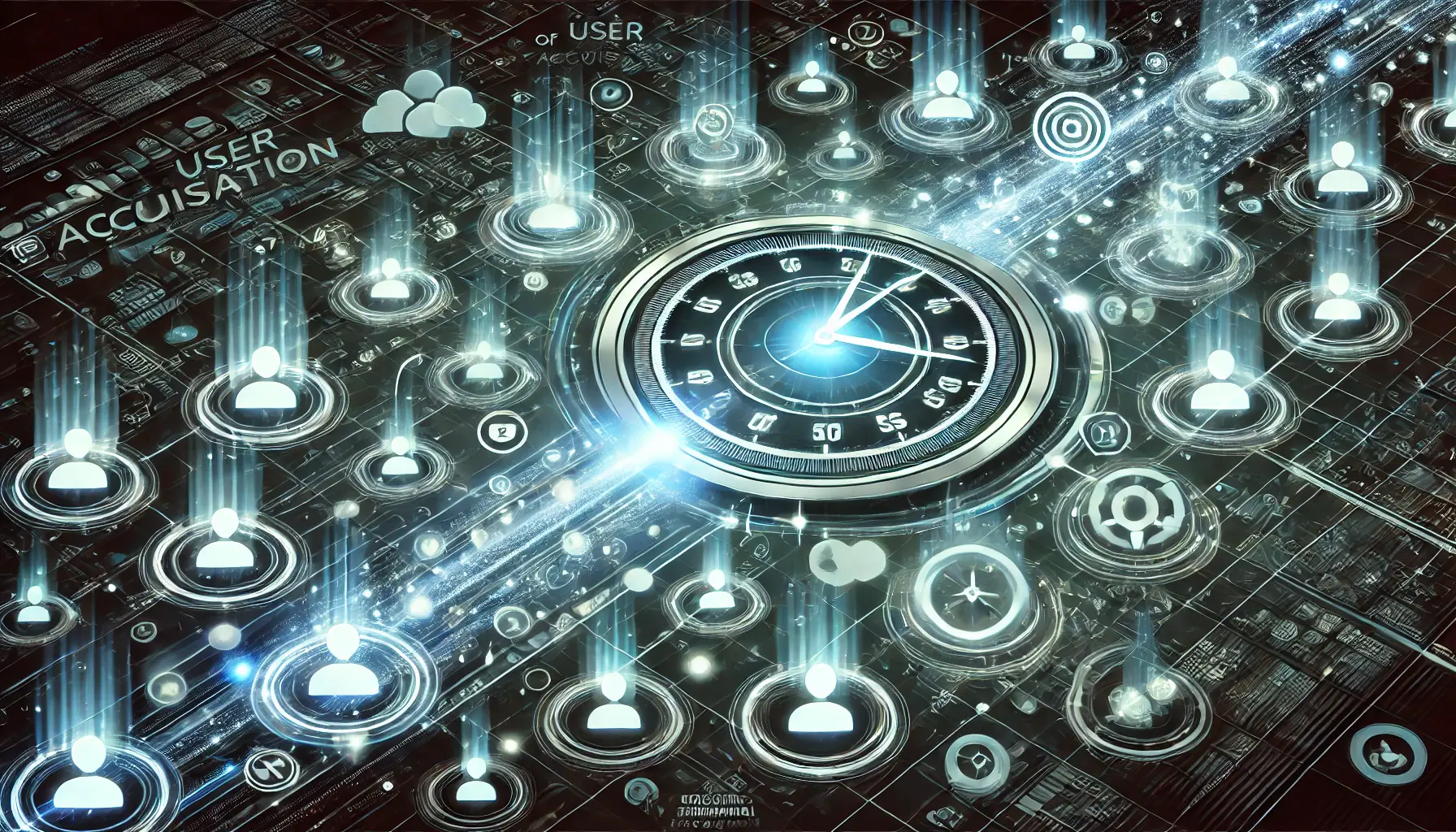 Abstract image representing the timing of user acquisition campaigns with app icons, digital clocks, and user silhouettes.