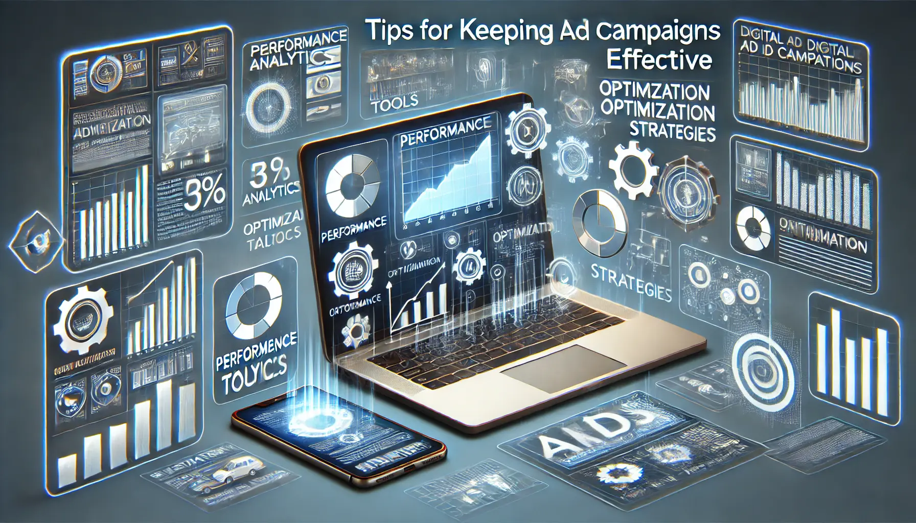 Depiction of key elements for maintaining effective digital ad campaigns, featuring performance analytics, optimization tools, and campaign management interfaces.