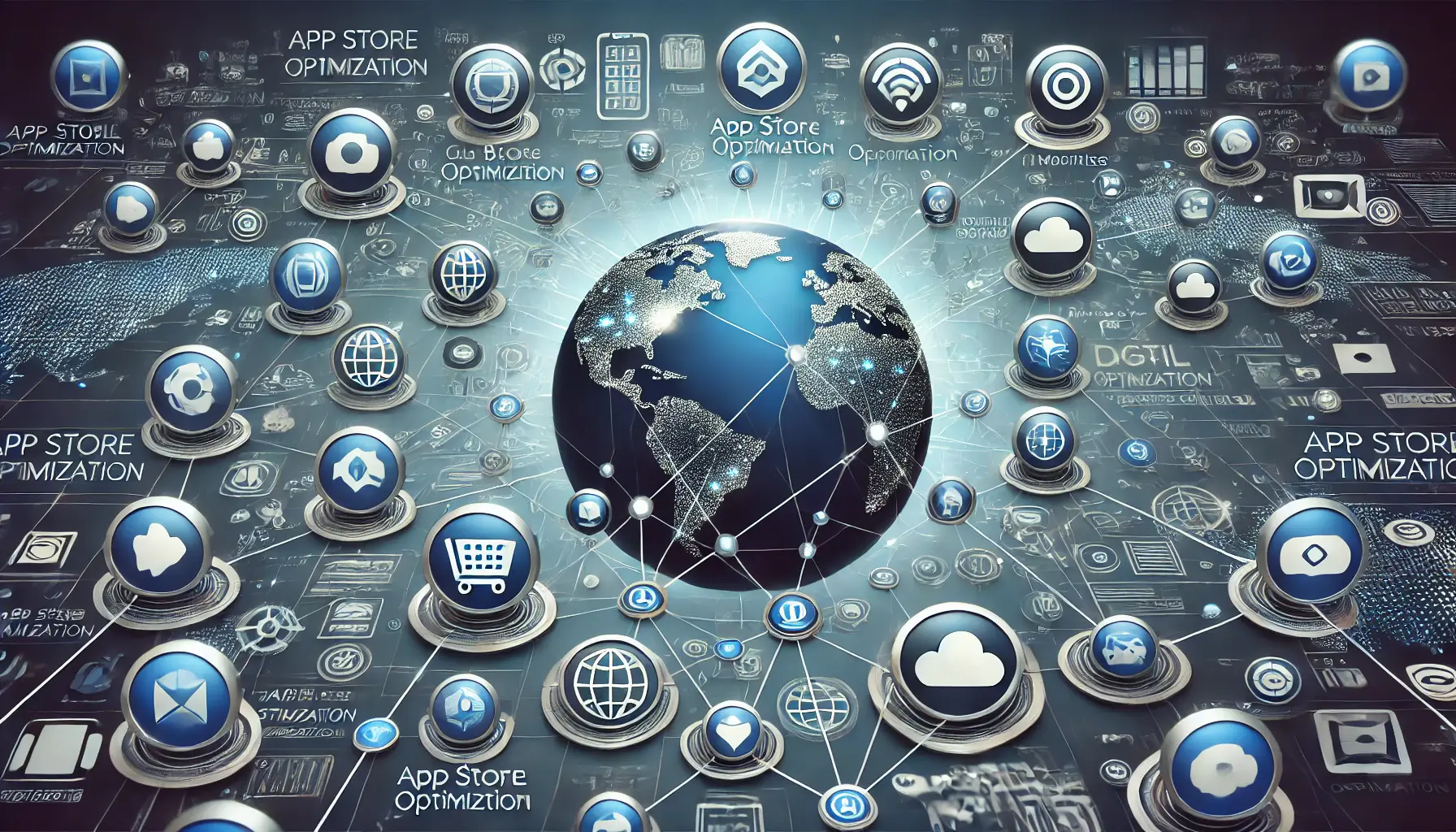 Image depicting a global map with interconnected lines and nodes representing different markets, each linked to app store symbols, emphasizing the need to scale ASO efforts across multiple regions.