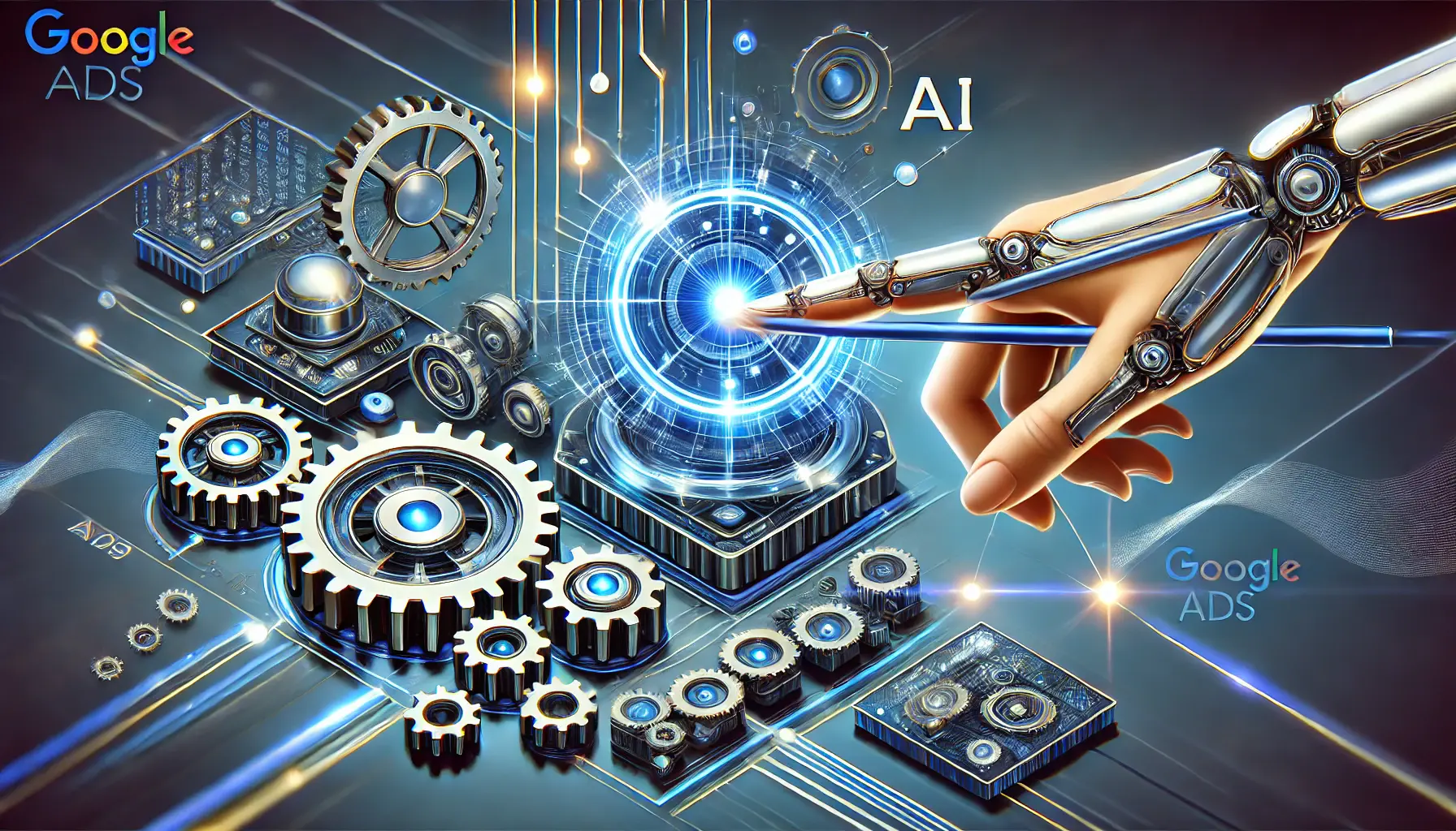 Digital illustration showing a human hand fine-tuning gears and AI algorithms, symbolizing the balance between automation and personal strategy in campaign management.