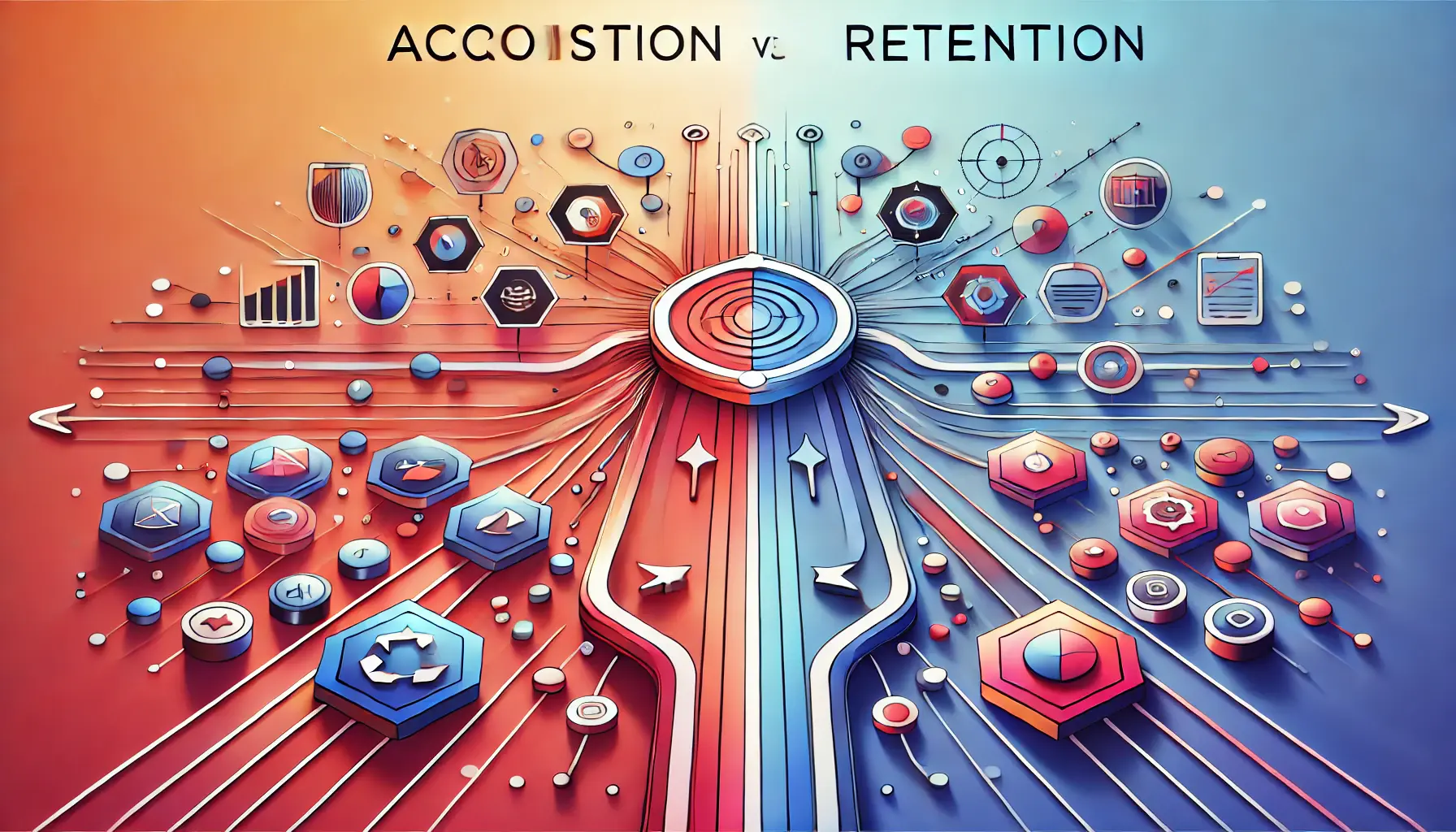 Abstract representation of the comparison between acquisition and retention in mobile apps, with retention emphasized through larger, interconnected shapes.