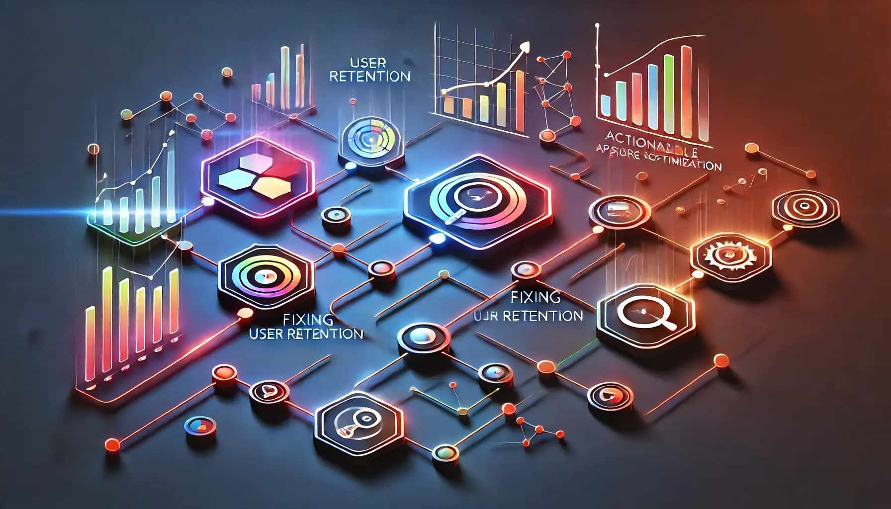 Abstract representation of actionable ASO strategies using charts, graphs, and data analysis to improve user retention.