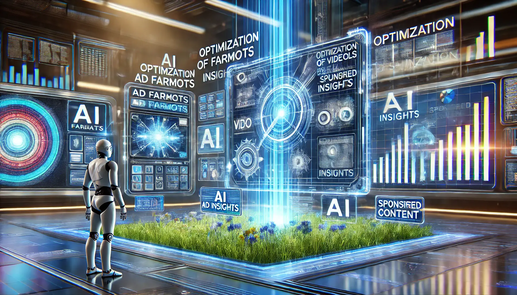 A futuristic digital interface displaying various ad formats like videos and carousels being optimized in real-time by AI insights, symbolizing adaptability in digital advertising.