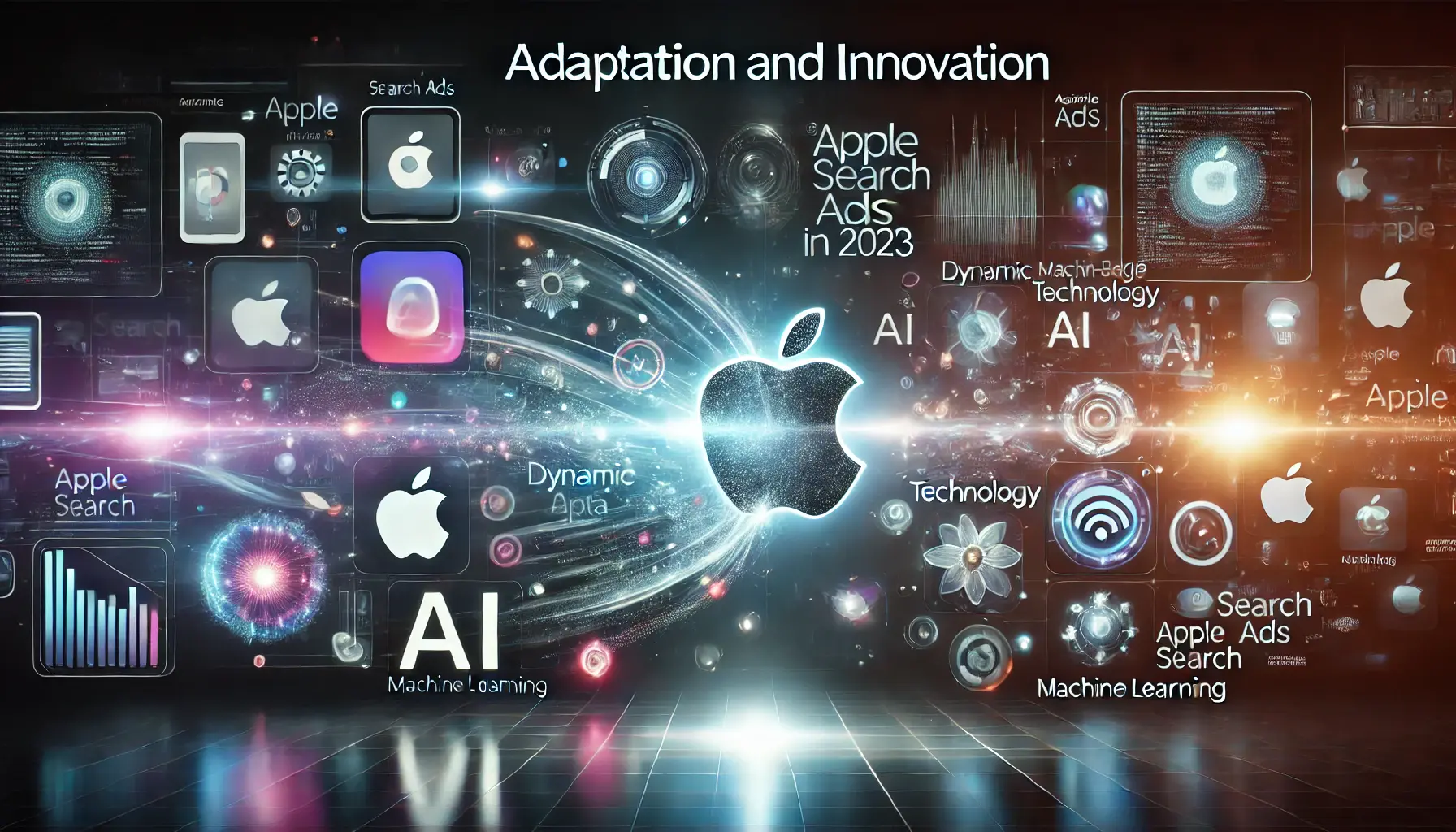 Futuristic scene representing adaptation and innovation in Apple Search Ads with sleek app interfaces, dynamic data flow, and advanced technology symbols.