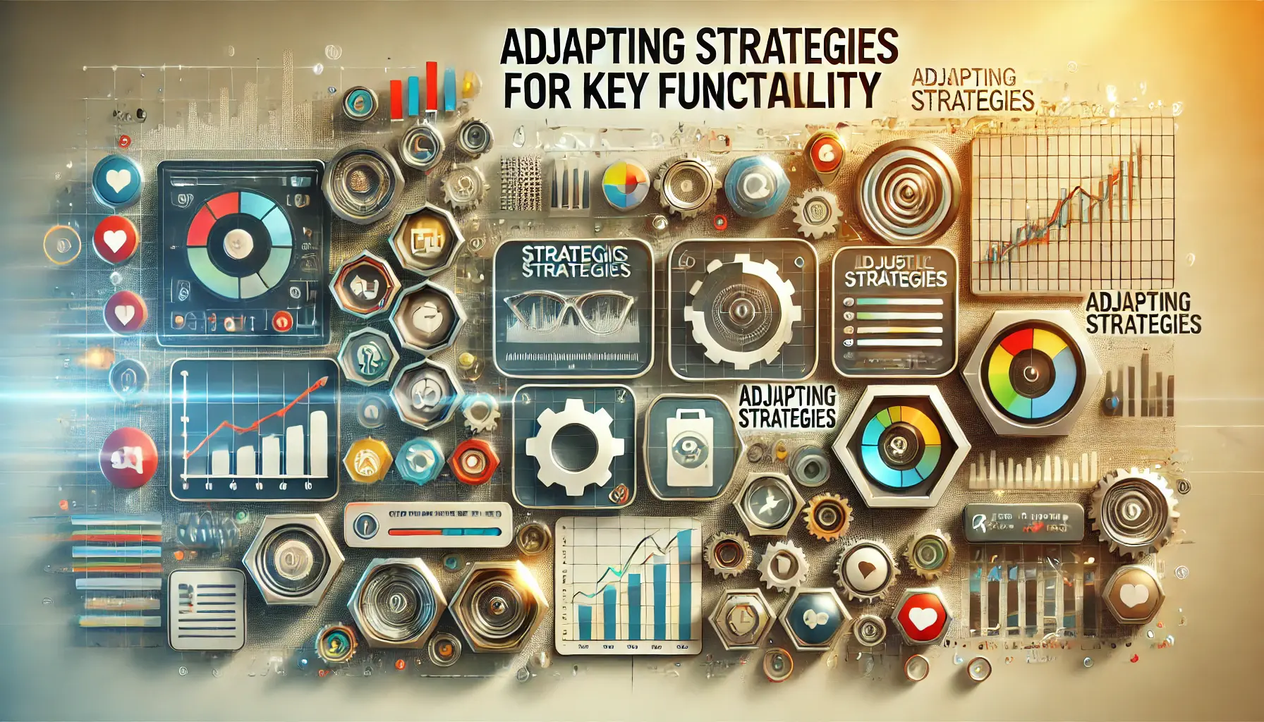 Illustration of refining strategies for key functionalities with a digital dashboard, optimized app icons, and symbols of refinement like gears