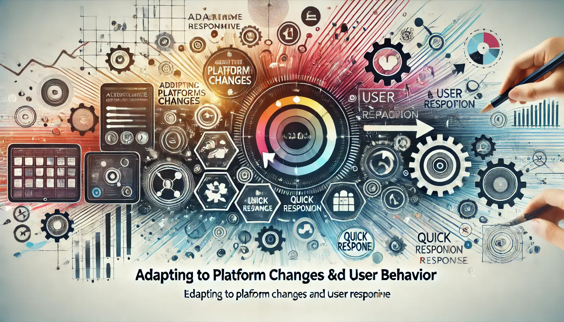 Illustration of adapting to platform changes and user behavior with a digital interface, app icons being modified, and symbols of change