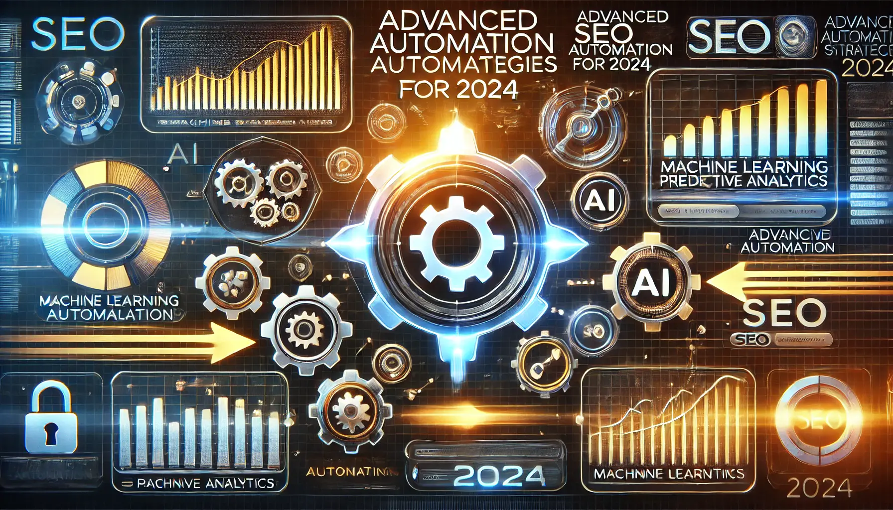 An image showcasing AI-based gears, predictive graphs, and digital dashboards symbolizing advanced SEO automation strategies for 2024.