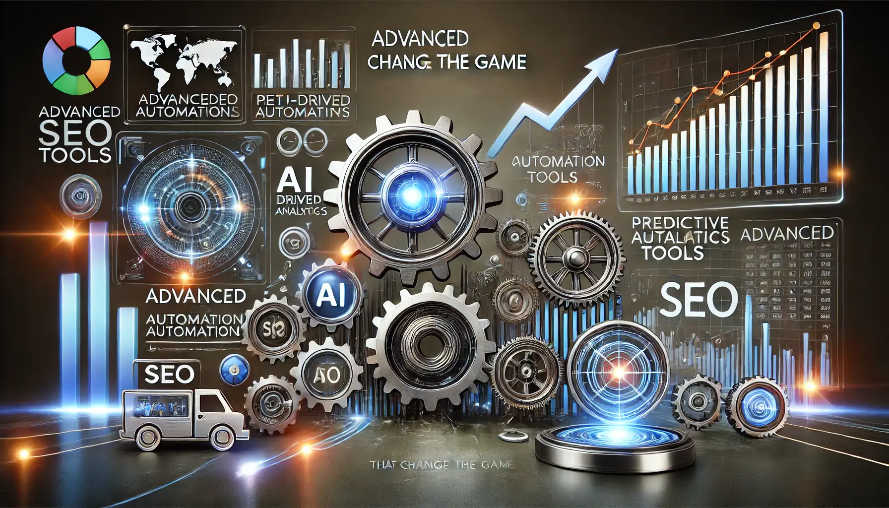 An image showing high-tech gears, AI-driven dashboards, and predictive analytics graphs, symbolizing the transformative power of advanced SEO automation tools.