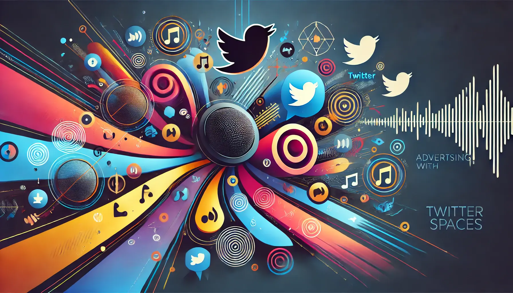 Abstract image representing live audio conversations with audio waves, connected speech bubbles, and Twitter logos