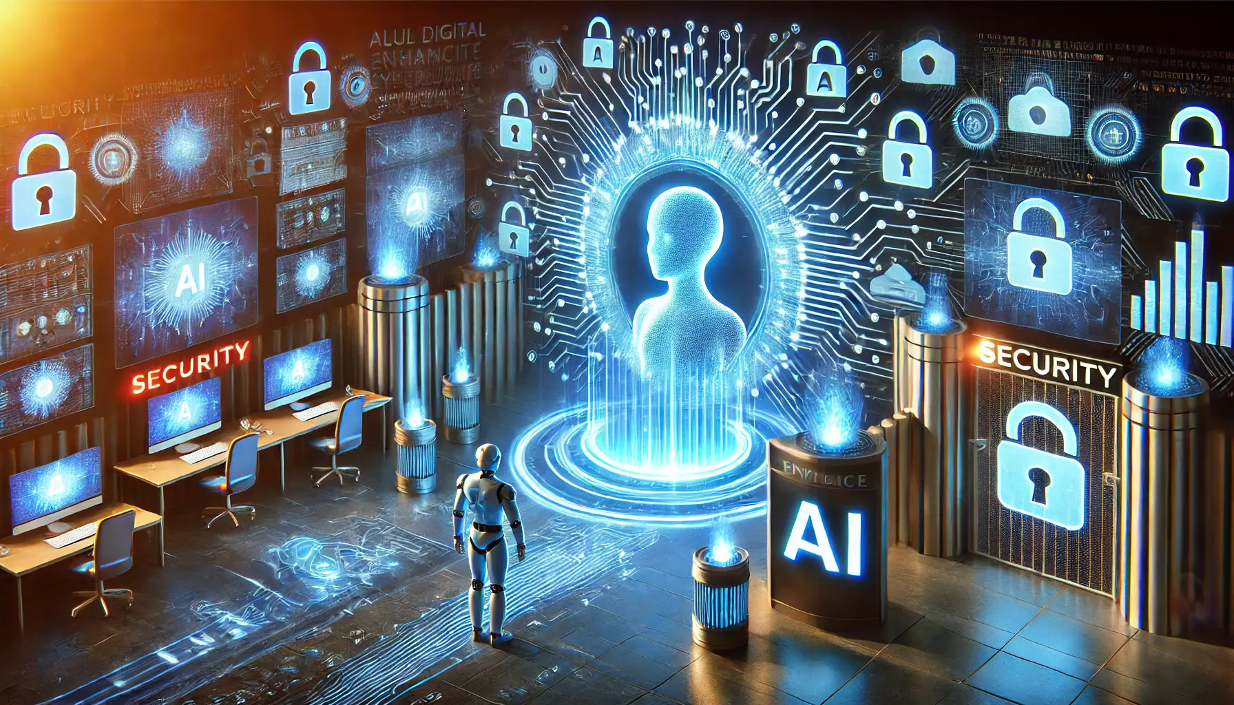 A scene depicting AI-powered cybersecurity protecting web assets with a secure digital vault, glowing protective barriers, and AI algorithms monitoring threats.