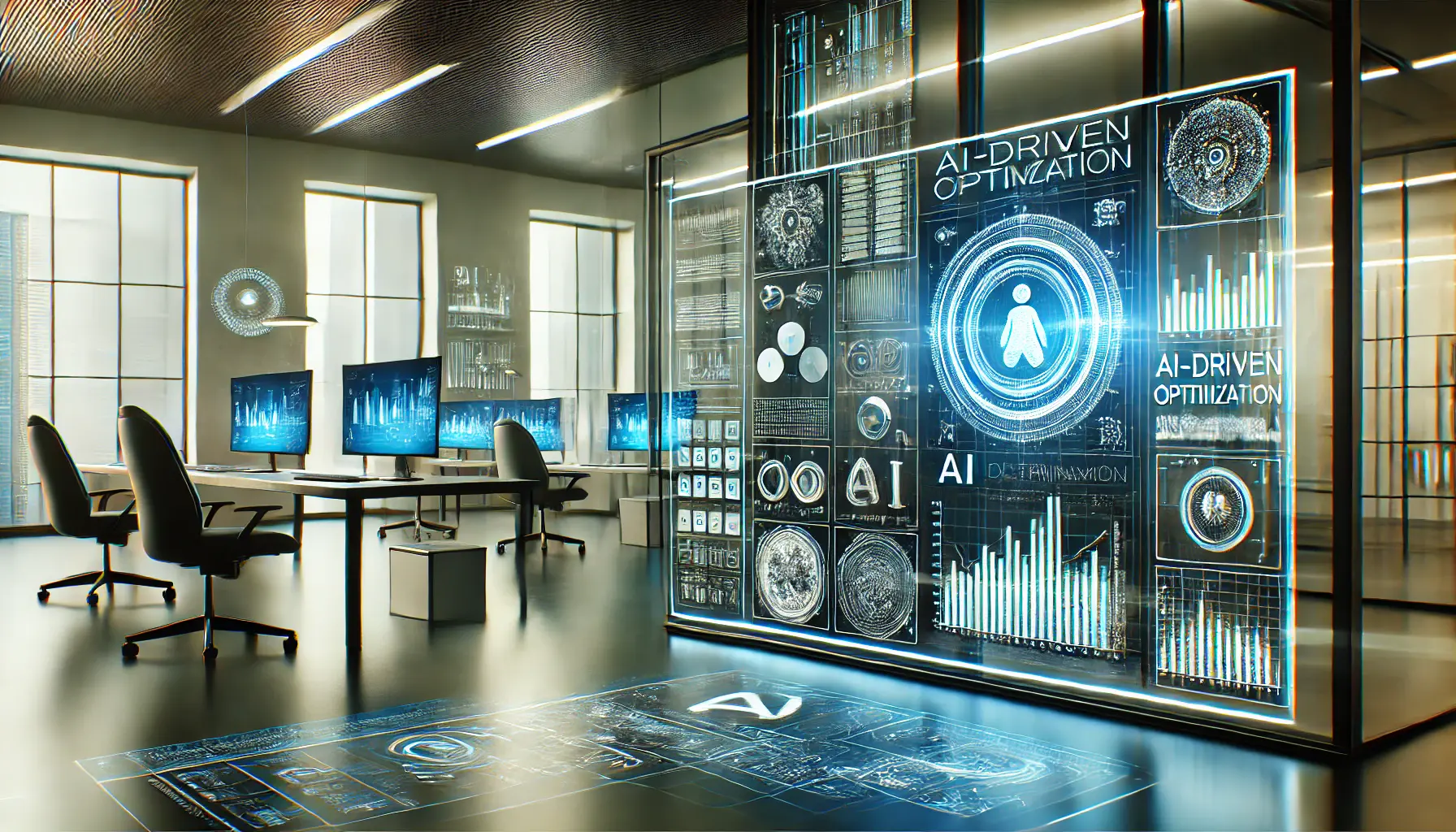 A sleek, futuristic office space with a large screen displaying data analytics and AI algorithms, representing AI-driven optimization in digital marketing.