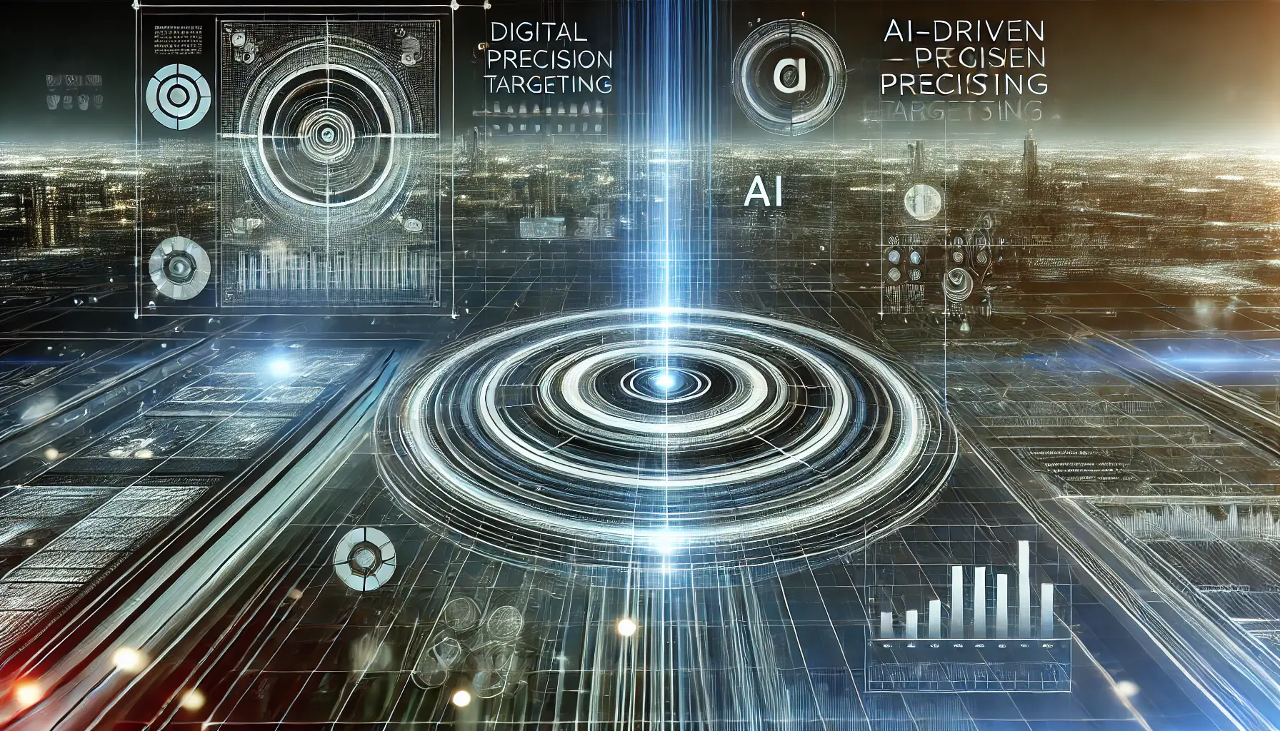 A futuristic representation of AI-driven precision targeting with a digital targeting system, concentric circles, and abstract visuals of data flow and algorithms in a high-tech environment.