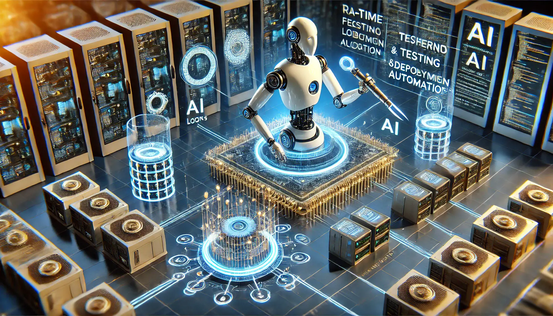 A futuristic scene showing AI-powered tools performing automated testing and deployment with connected servers and glowing circuits.