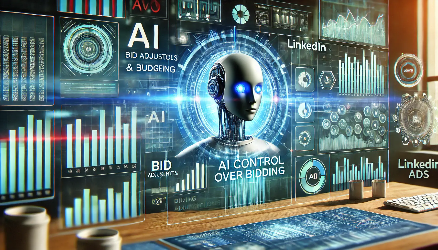 A futuristic digital dashboard showing financial metrics and AI controls managing bidding and budgeting for LinkedIn ads, symbolizing precision and efficiency in ad spend management.