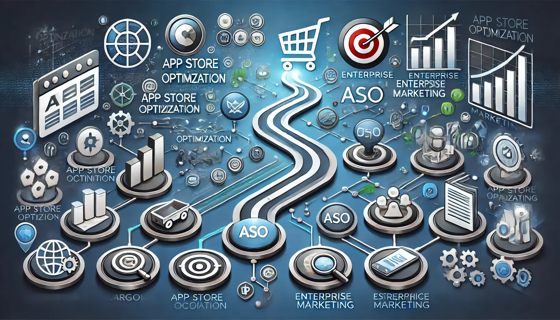 Image depicting a digital pathway connecting ASO elements like app store icons and analytics with enterprise marketing symbols such as target icons and growth charts, symbolizing alignment.