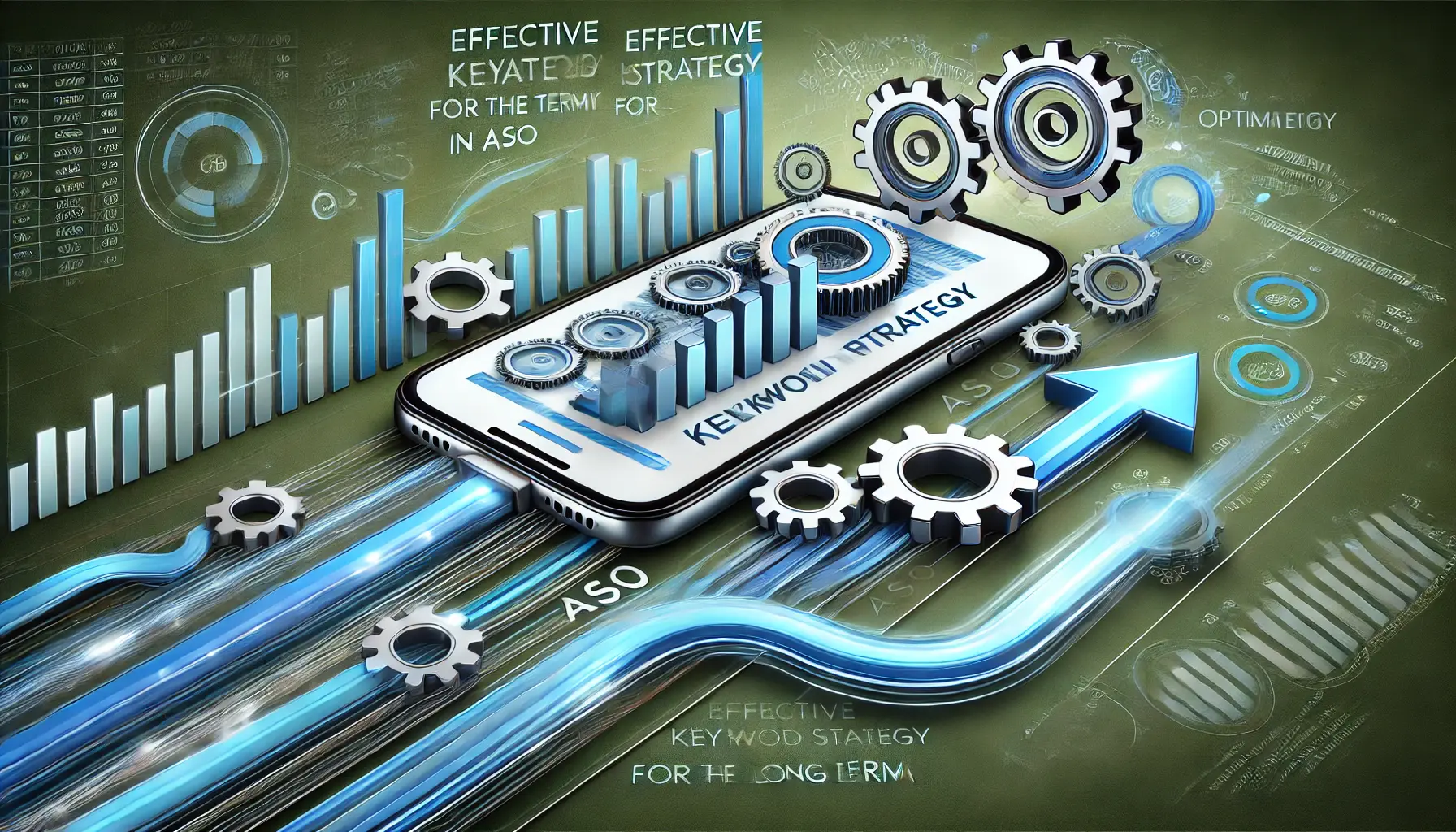 Abstract representation of a long-term keyword strategy in ASO, featuring a mobile device with performance data, gears, and arrows symbolizing sustainability and optimization