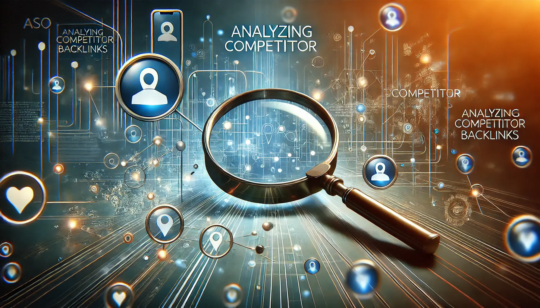 Abstract representation of magnifying glasses focusing on interconnected links or a digital graph, symbolizing the analysis of competitor backlinks.