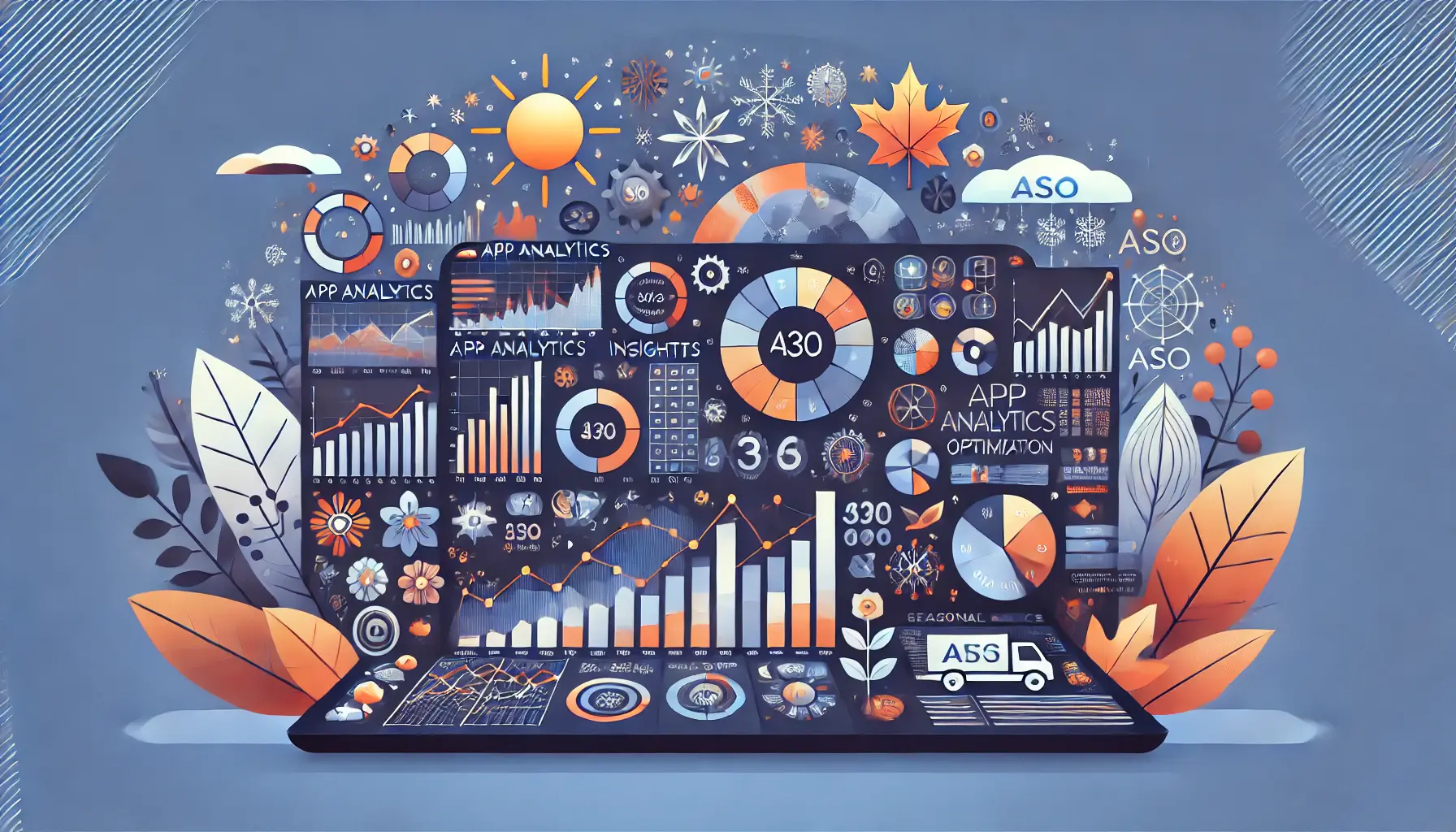 An app analytics dashboard with charts and graphs reflecting seasonal patterns, integrated with symbols like sun, snowflakes, leaves, and flowers.