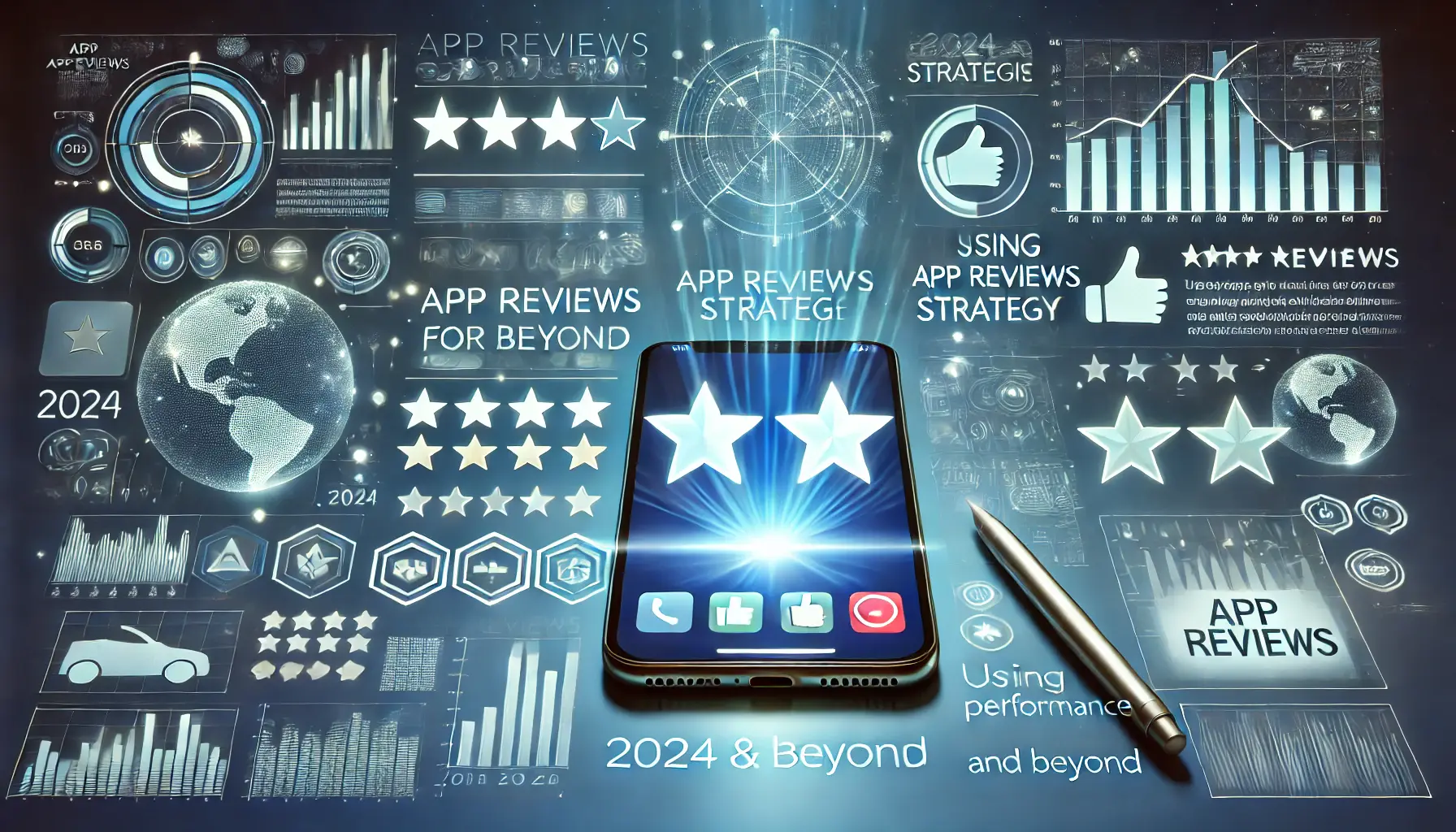 A mobile app with review icons like stars and thumbs up, alongside analytics charts showing growth and success, with futuristic digital interfaces symbolizing forward-thinking strategies.