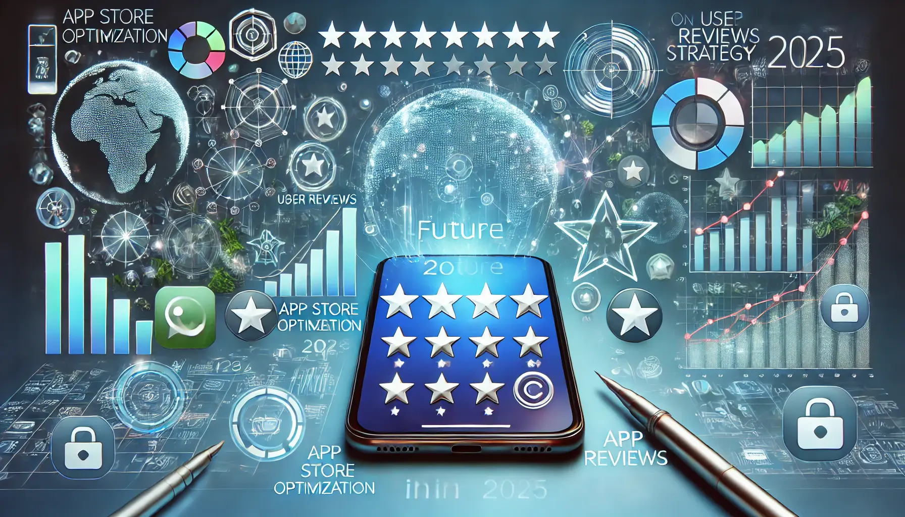 A futuristic mobile app interface with star ratings, user reviews, and analytics charts projecting upward growth, symbolizing the future of ASO.