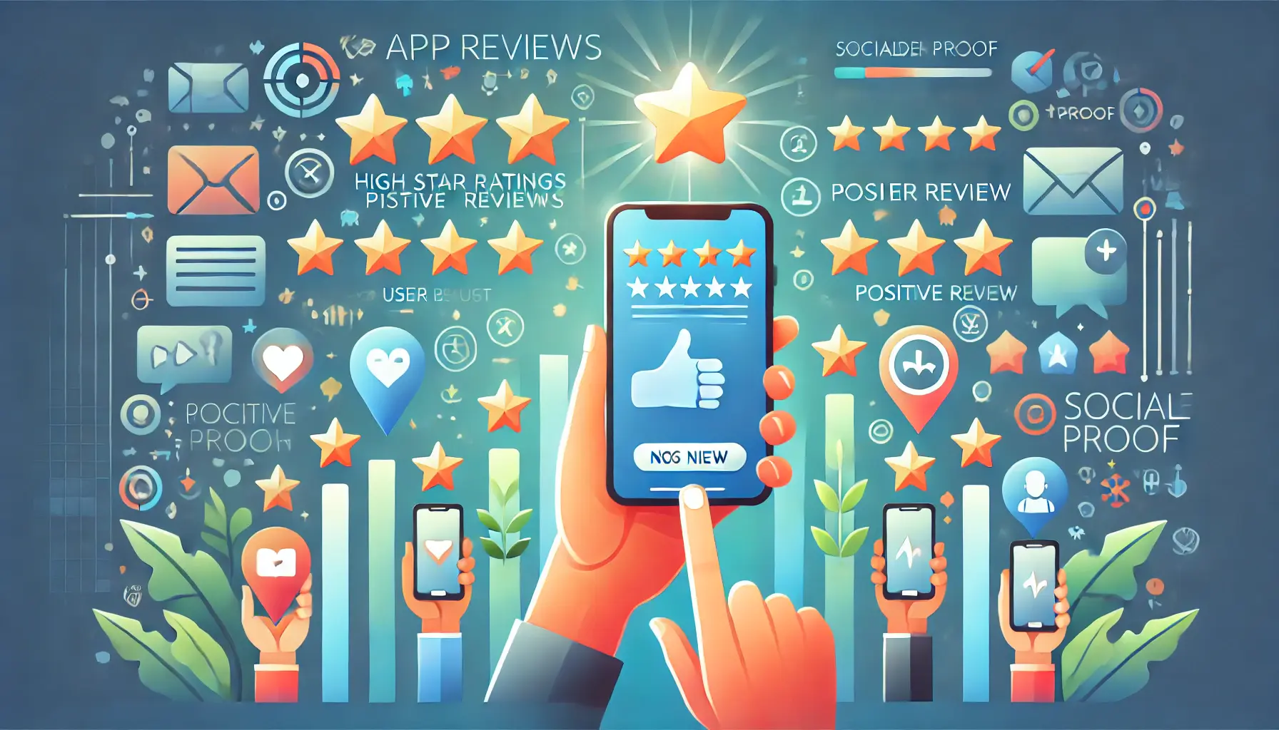 A mobile app with high star ratings and positive review icons, symbolizing increased user confidence.