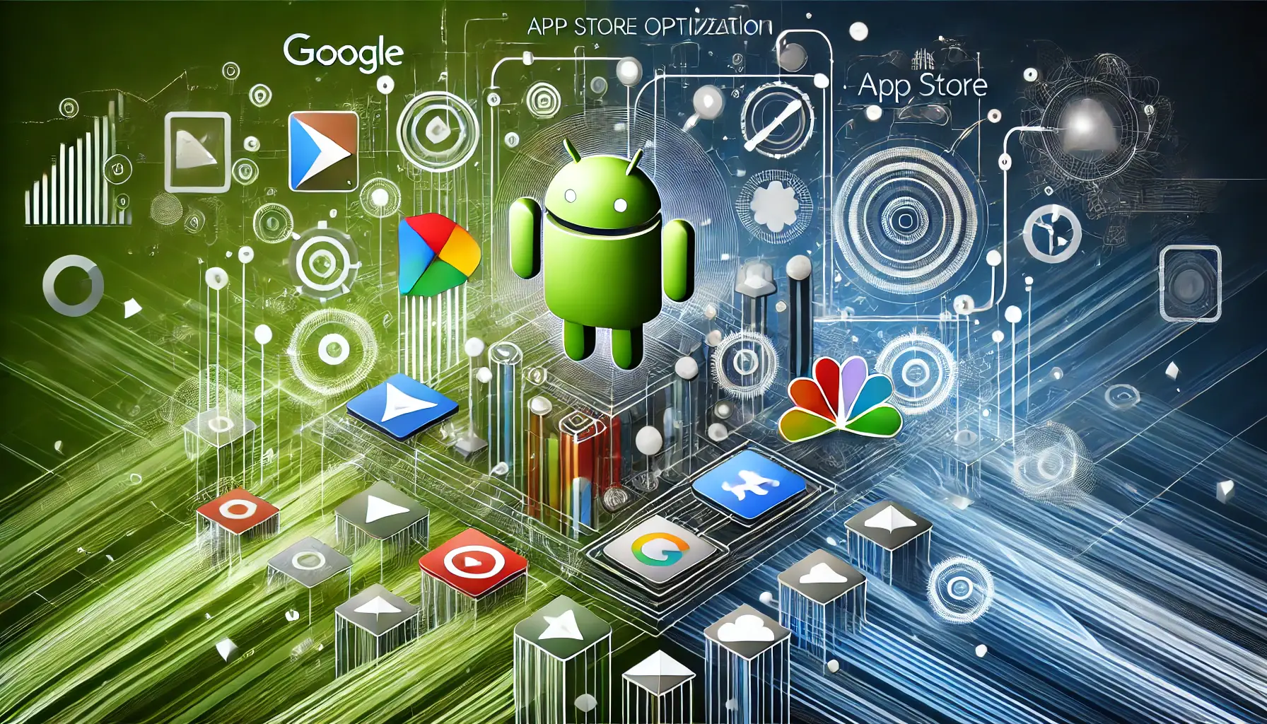 Abstract depiction of platform-specific strategies for App Store Optimization for Google Play and the App Store.