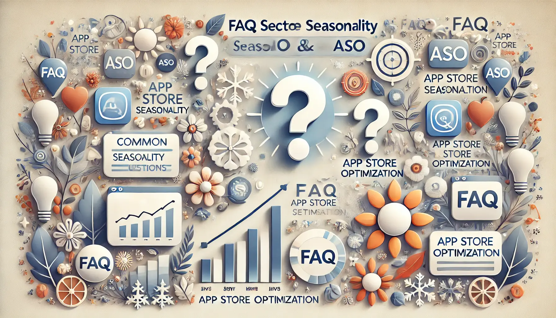 A visual representation of common questions and answers related to ASO and seasonality, symbolized by question marks, app icons, graphs, and seasonal symbols like snowflakes, flowers, sun, and autumn leaves.