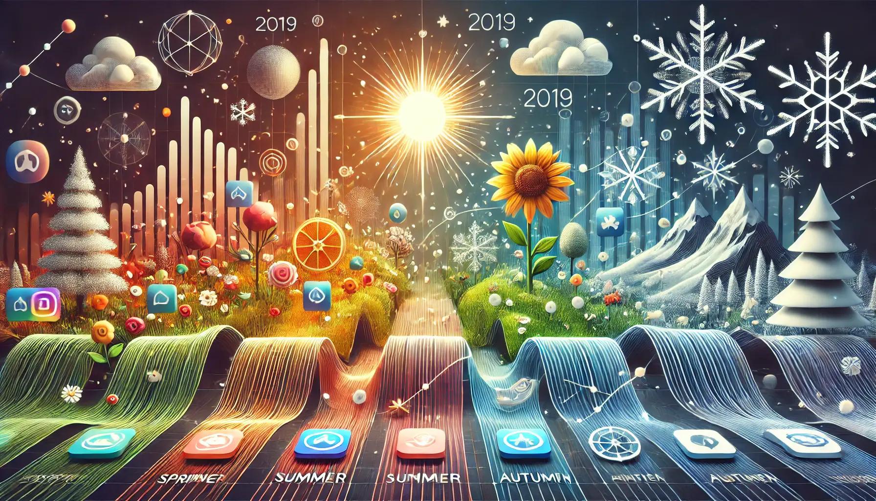 A dynamic timeline depicting seasonal changes through icons like flowers, sun, leaves, and snowflakes, integrated with app icons and graphs.