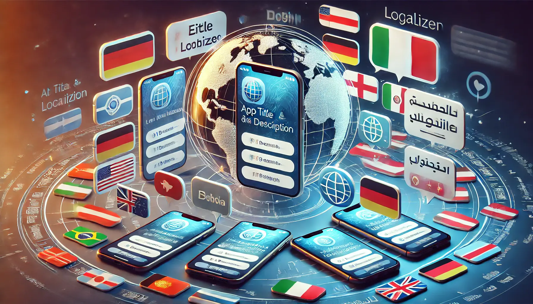 Several smartphones displaying a mobile app with localized versions of the title and description in different languages, placed around a globe with subtle cultural elements in the background.