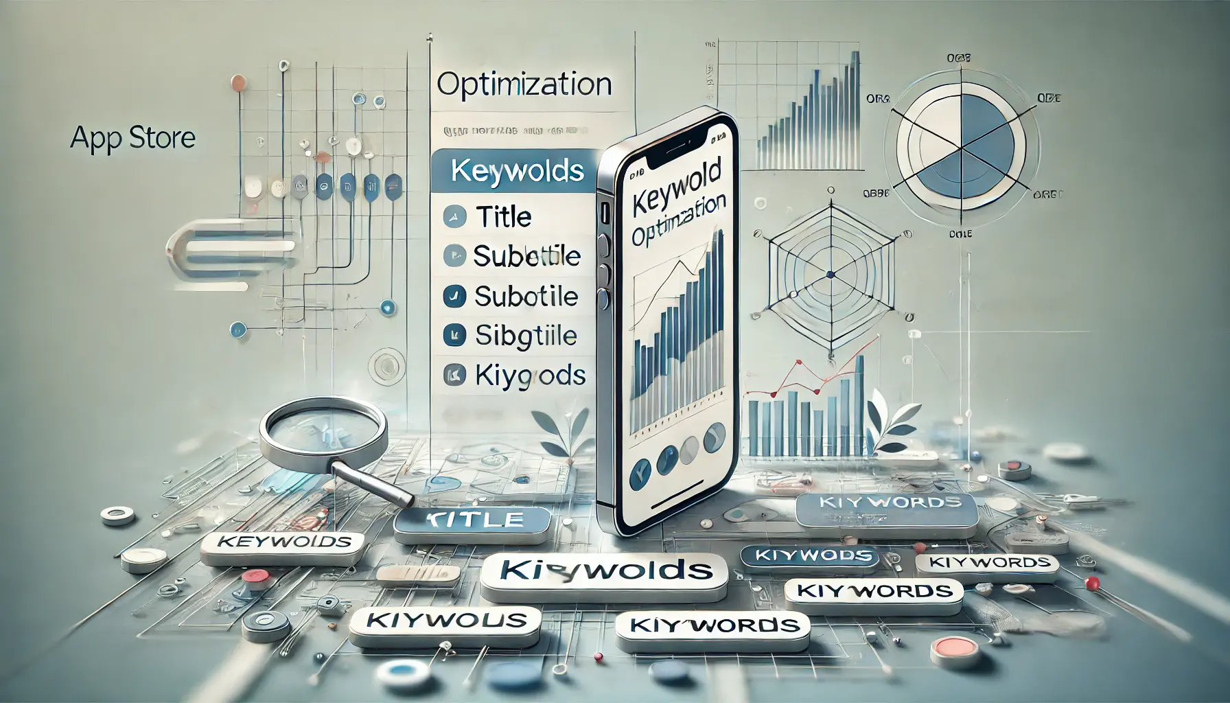 Abstract representation of keyword optimization for the Apple App Store, featuring an iPhone displaying app store metadata sections with data graphs and arrows