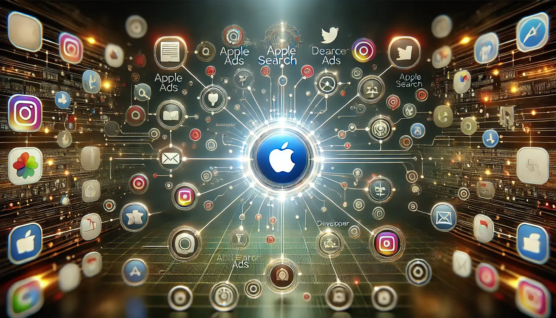 Futuristic scene representing the interconnectedness of Apple Search Ads and the developer ecosystem, with digital nodes and flowing data.