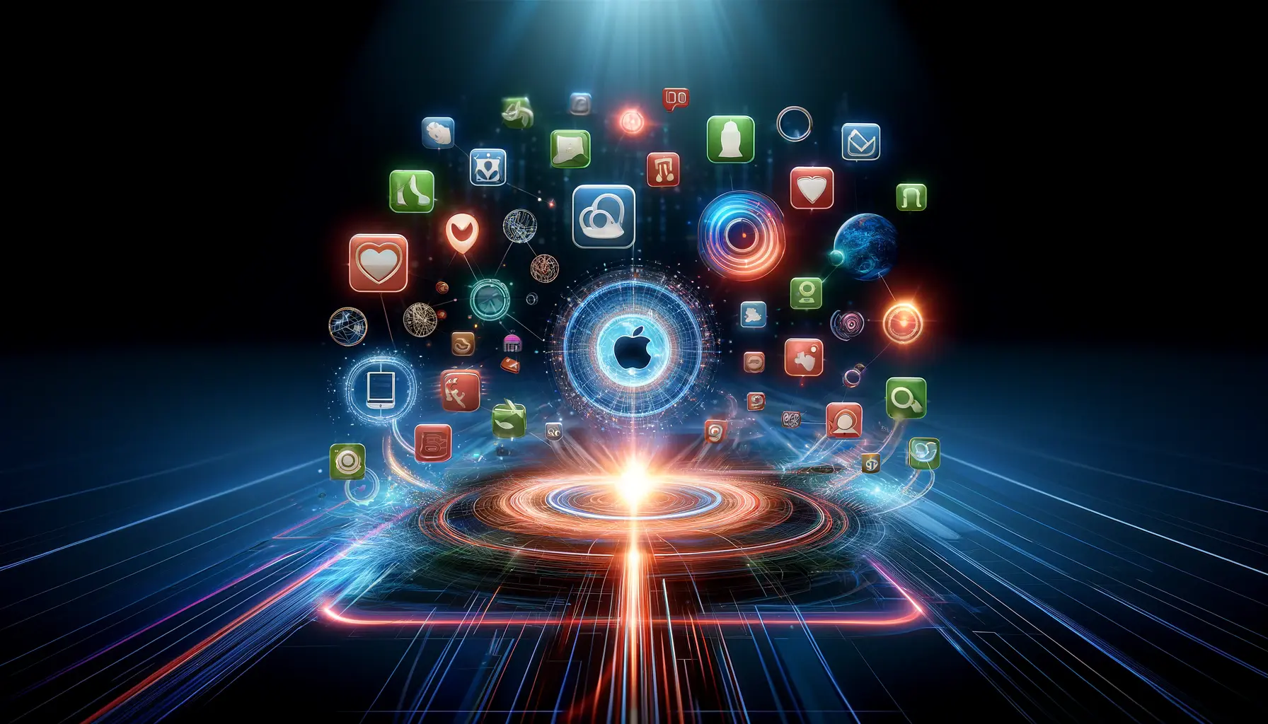 Futuristic digital scene illustrating Apple Search Ads' role in the app ecosystem, with app icons and data flow representing interconnectivity and discovery.