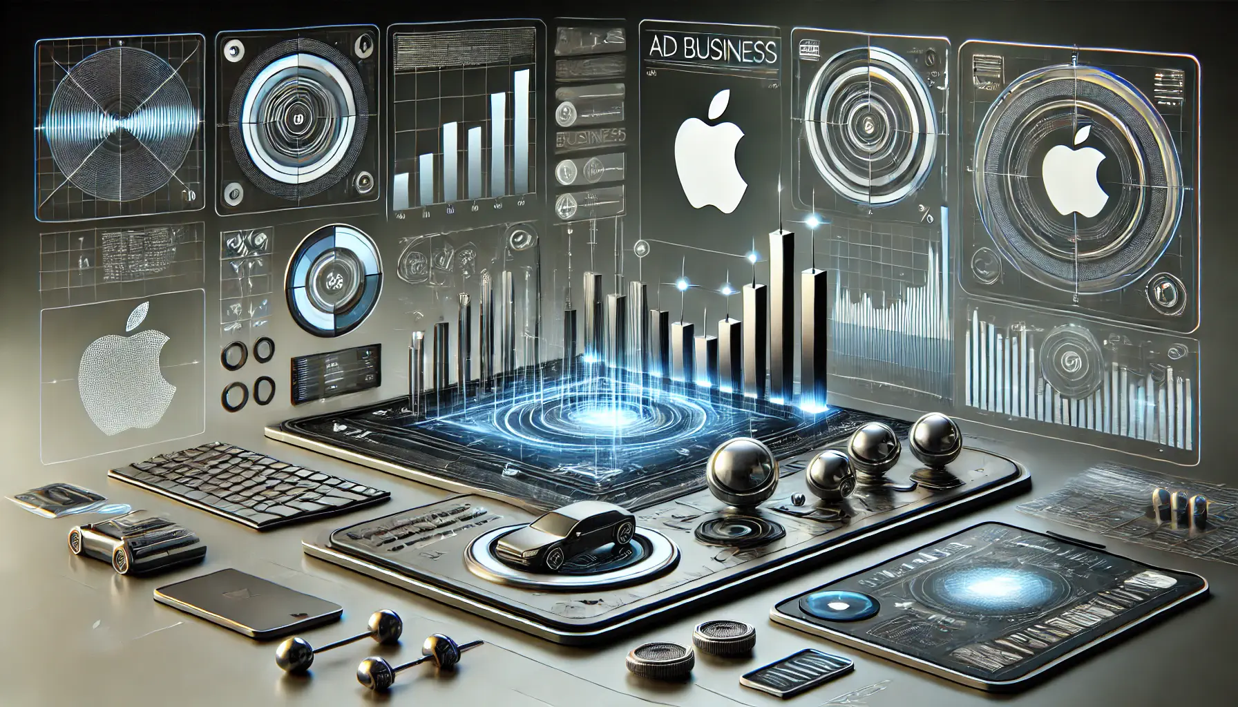 Digital scene showcasing a comparison of Apple's ad business with other tech giants, featuring symbolic bar charts and competition-driven graphical elements.