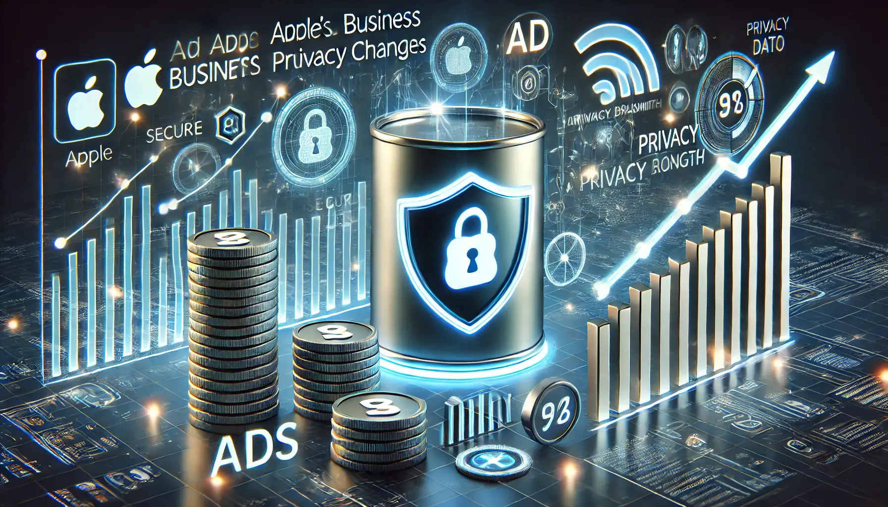 Digital scene illustrating Apple's ad business growth with privacy shields and financial growth graphs symbolizing a balance between privacy protection and business success.