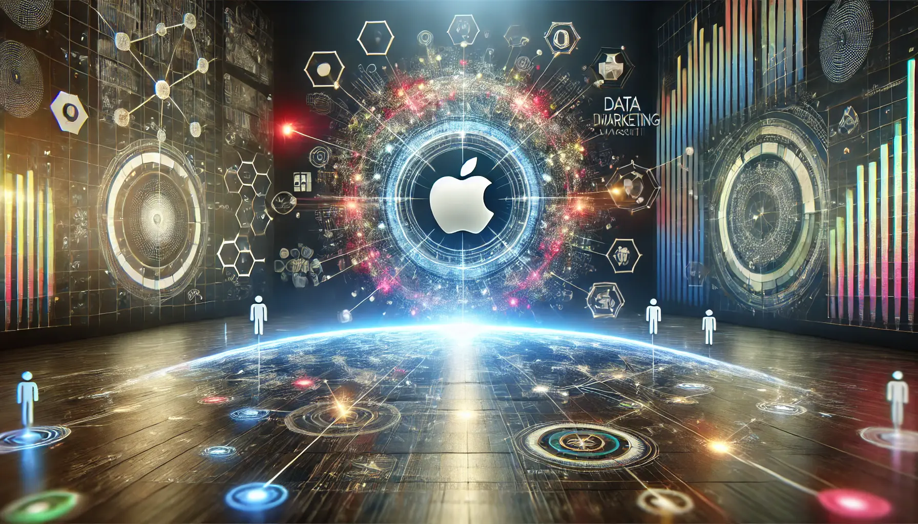 Futuristic digital scene illustrating Apple's central and strategic position in the digital advertising space with connected data lines and glowing nodes.