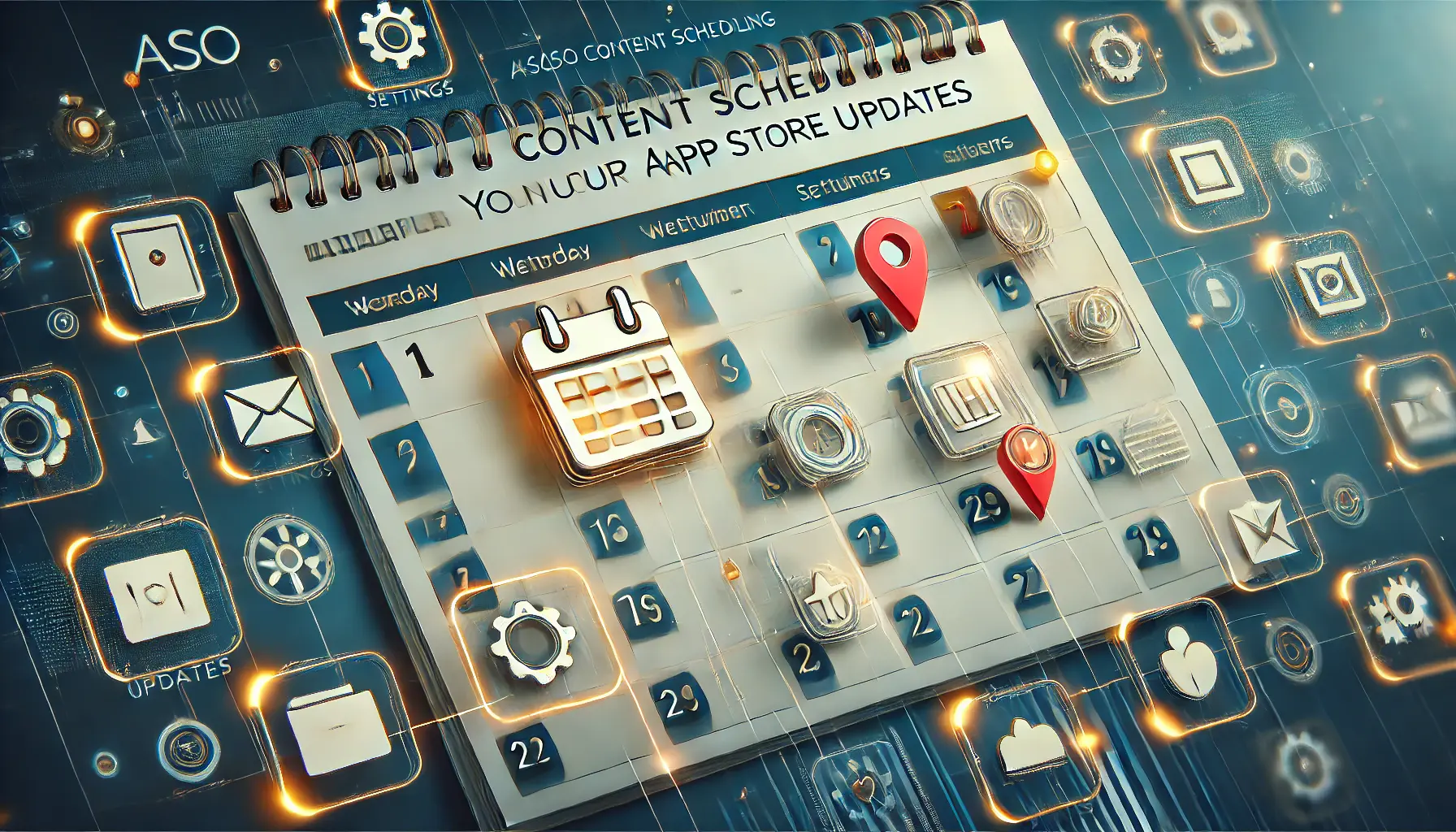 Digital calendar with app-related icons representing planning and scheduling for app store updates